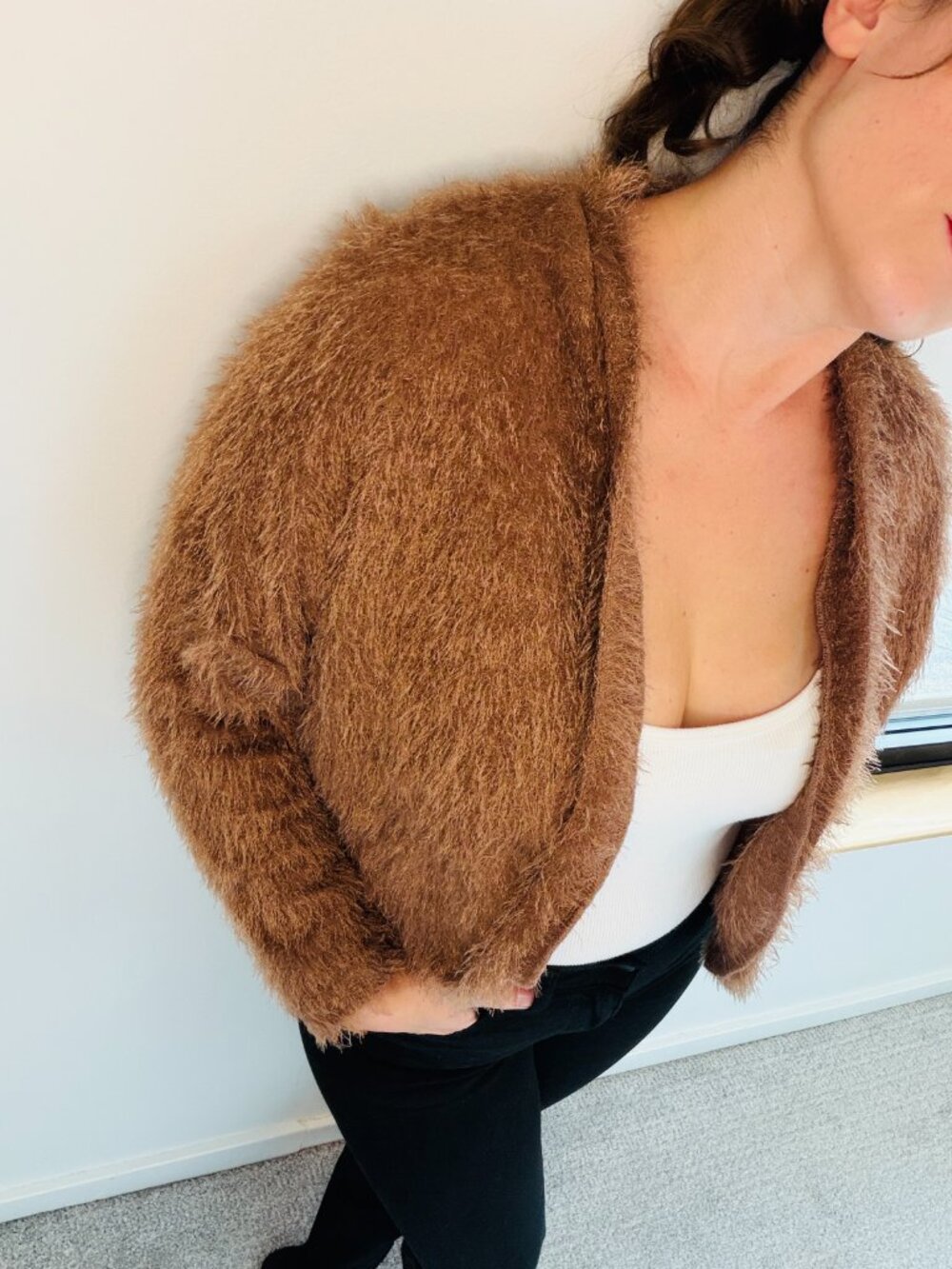 Another Reason Mauve Brown Fuzzy Shaggy Eyelash Open Front Cardigan Y2K- Small